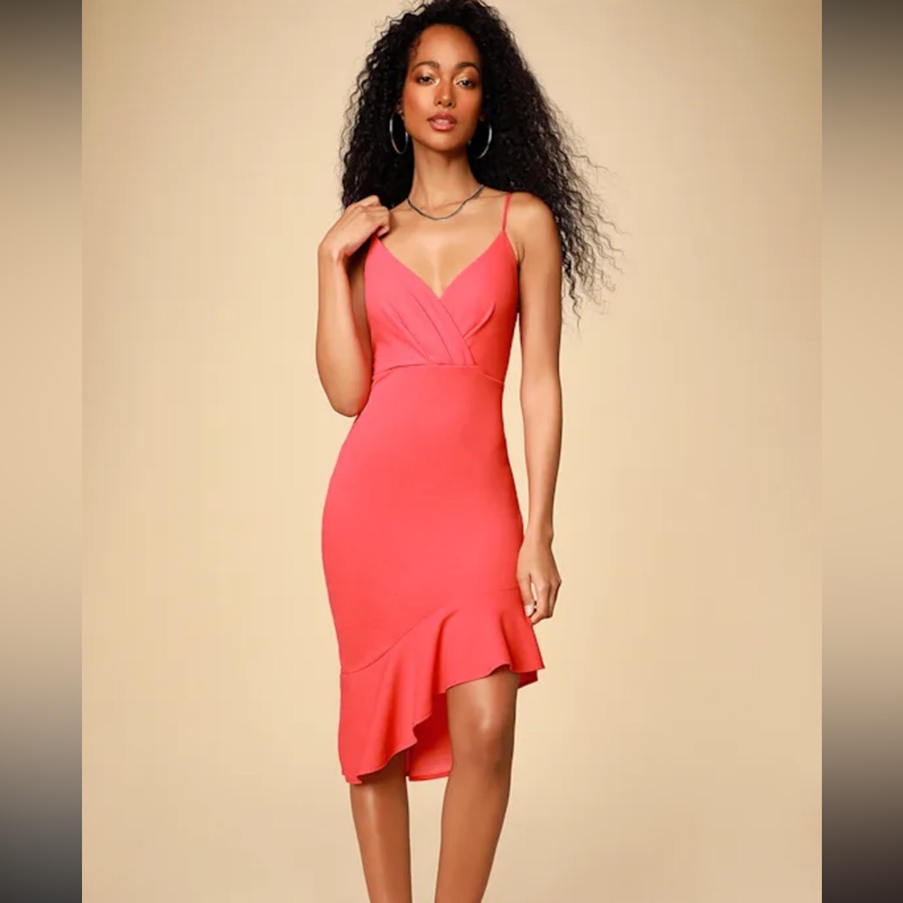 Lulus Vivienne Hot Pink Ruffled Bodycon Midi Dress